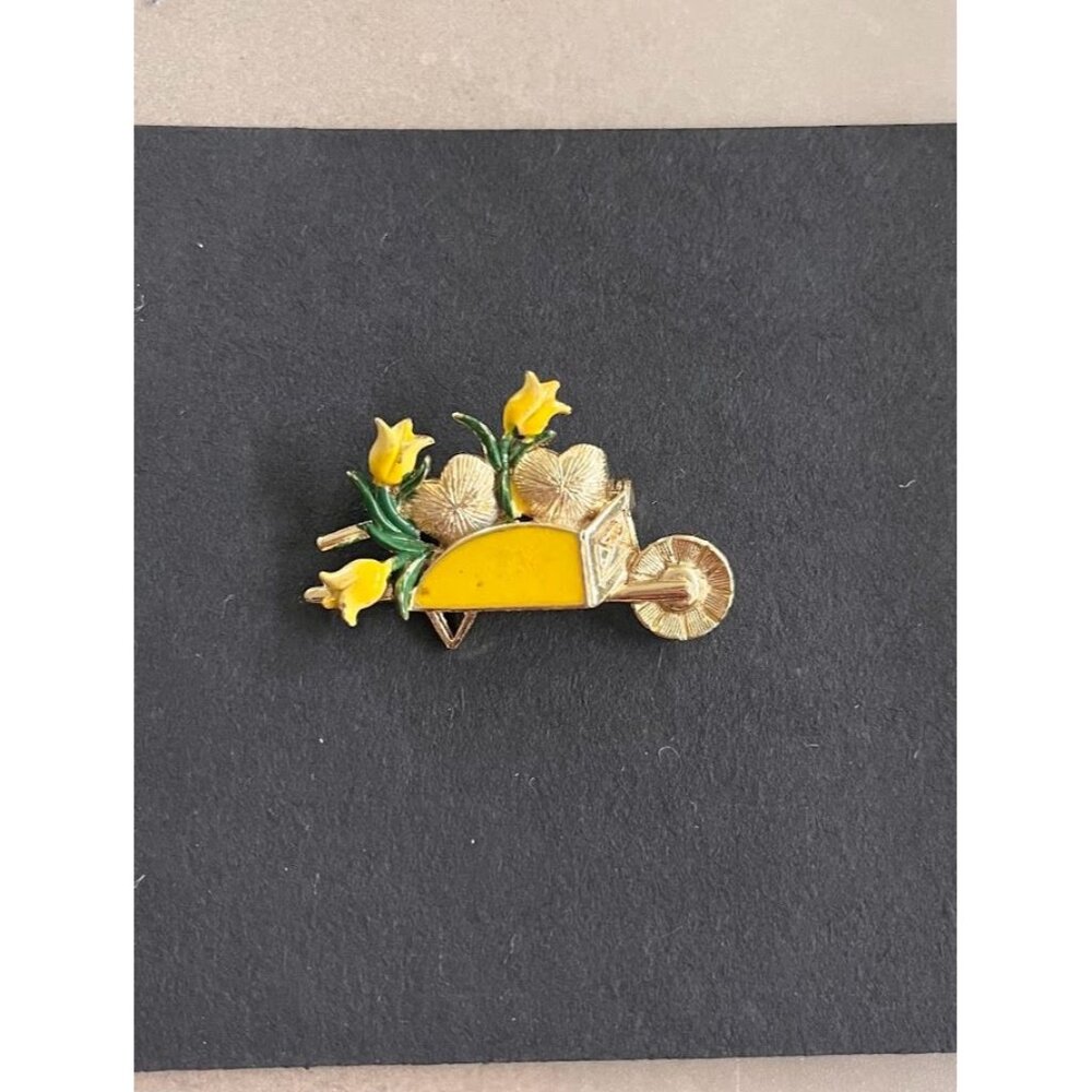 Vintage Enamel Yellow Wheelbarrow Tulip Flower Goldtone Brooch Pin